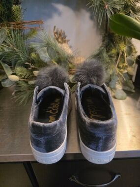 Sam Edelman Gray Velvet Pom Pom Slip-On Sneakers